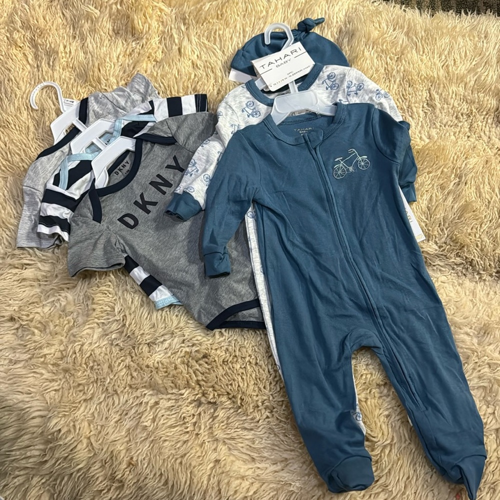 DKNY/Tahari Lot of six items included 1 hat 2 sleep outfit/onesies 3 bodysuits